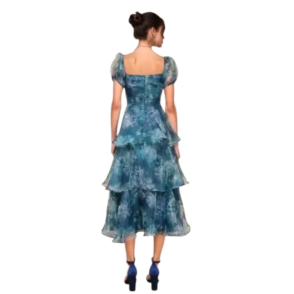 NWT Lulu's ‘Darling Vision’ Teal Floral Organza Tiered Midi Dress Sz Medium - Picture 2 of 11